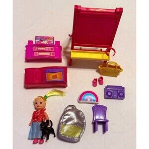 Girl Doll Playset Lot 11pc Blonde Blue Eyes w Chair & Accessories, Pet Dog